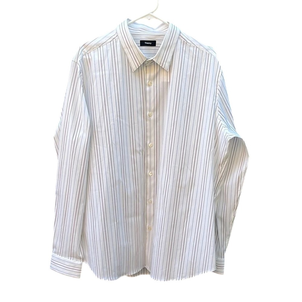 Theory Sylvain‎ Men's XXL White Multi Stretch Cotton Stripe Dress Shirt Preppy